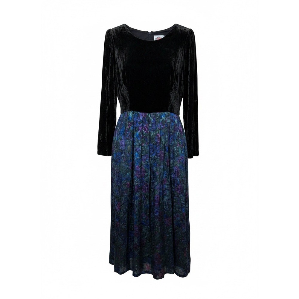 Lanz Originals Vintage Black Velvet Metallic Brocade Floral Midi Dress USA Made